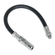 A Sealey black Rubber Delivery Hose with a 4-Jaw Connector, flexible 300mm length, featuring zinc-plated male ends and silver metal connectors at both ends (1/8"BSP Gas - GGHE300).