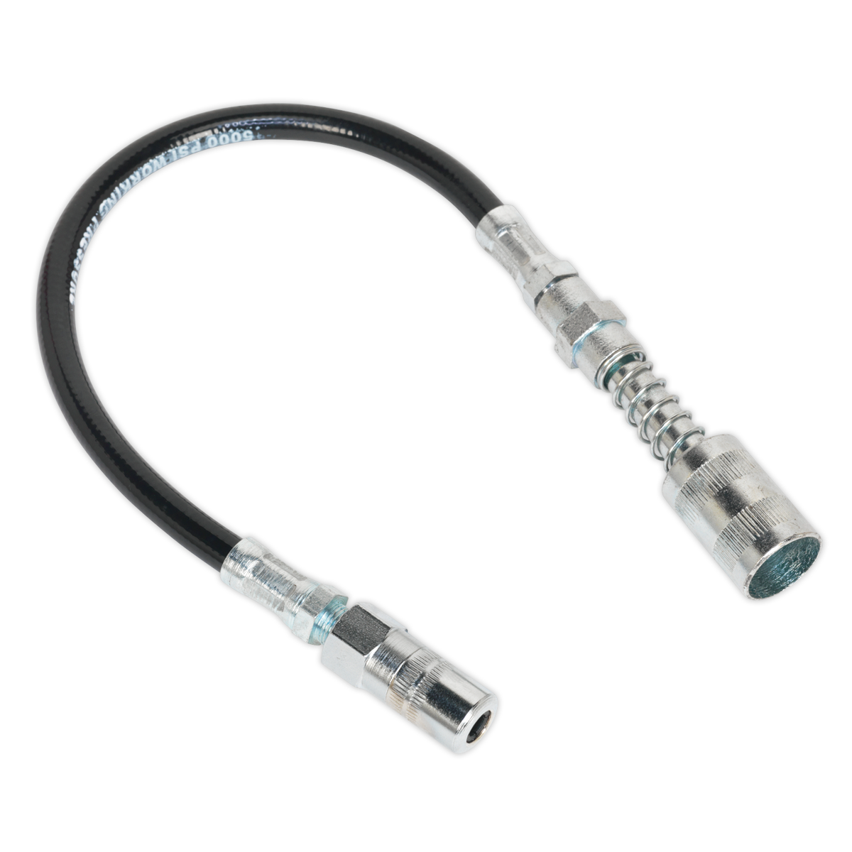 The Sealey Rubber Delivery Hose with 4-Jaw Connector, a 300mm flexible hydraulic hose featuring a quick release coupling and a 1/8"BSP fitting, is typically used for fluid transfer in machinery and automotive applications.