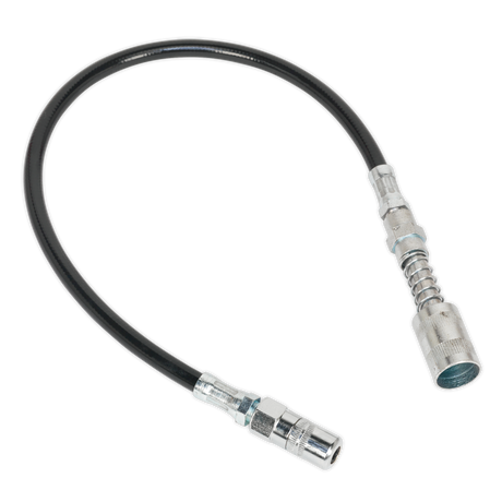 The Sealey Rubber Delivery Hose with 4-Jaw Connector Flexible 450mm Quick Release Coupling - GGSF450 is a flexible rubber extension hose, measuring 450mm in length, with metal fittings on both ends, designed for fluid transfer or hydraulic applications.
