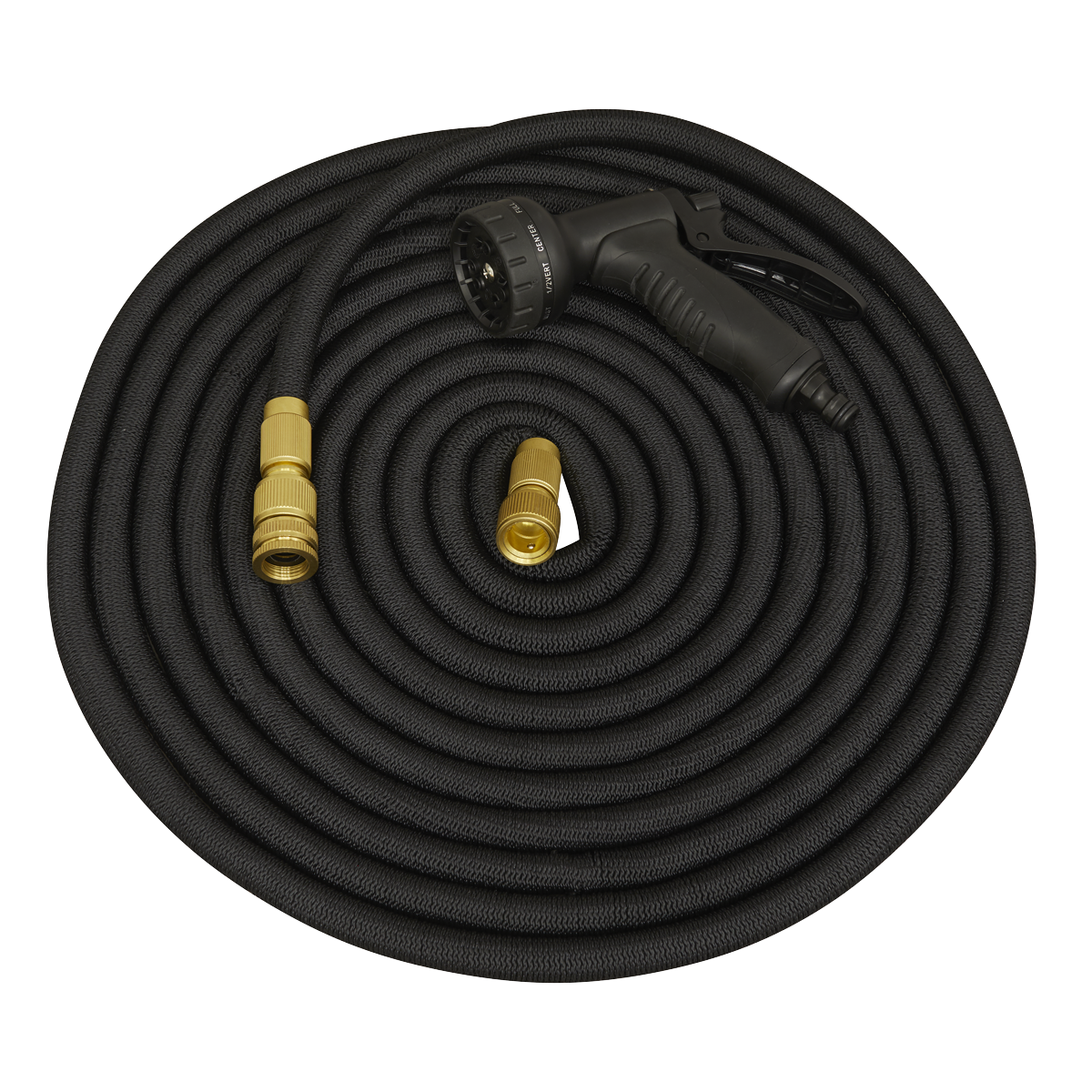 The Sealey Ø17mm Expandable Garden Hose Black 30m Premium - GH30E, featuring a spray nozzle and brass fittings, is displayed on a white background.
