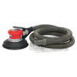 A Sealey Air Palm Random Orbital Sander Ø150mm Dust-Free Self-Contained - GSA06, in red and black, with a long, coiled hose attached, featuring a variable speed control and placed on a white cloth.