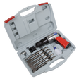 The Sealey Air Hammer Kit Long Stroke - GSA11, organized in a gray plastic carrying case with red clips, includes various attachments and accessories. The air hammer itself features a soft grip for comfortable use and is designed to minimize noise emissions.