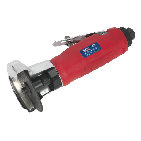 A red Sealey Air Cut-Off Tool Ø75mm - GSA25, featuring a metal disc guard and a throttle safety device on top.
