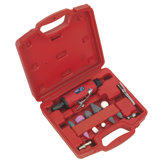 Red carrying case containing a Sealey Air Die Grinder Kit 15pc - GSA67 with low noise air exhaust, complete with various attachments and grinding points.