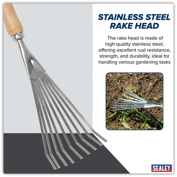 Premier Leaf Hand Rake with Ash Handle & Stainless Steel Tines - SE-GTWH001