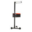 Introducing the Sealey HBS2001 Workshop Headlamp Beam Setter, a black and red portable floodlight with a large lamp at the top, mounted on a three-wheeled base for easy movement—ideal for precise light intensity measurement.