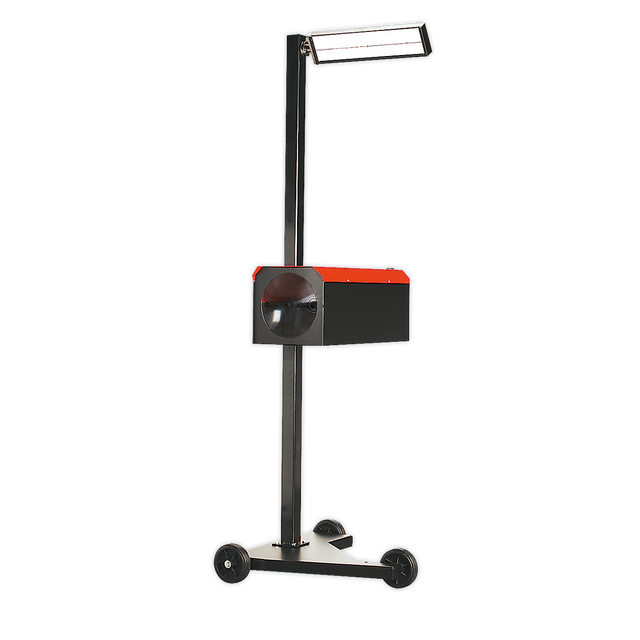 Introducing the Sealey HBS2001 Workshop Headlamp Beam Setter, a black and red portable floodlight with a large lamp at the top, mounted on a three-wheeled base for easy movement—ideal for precise light intensity measurement.