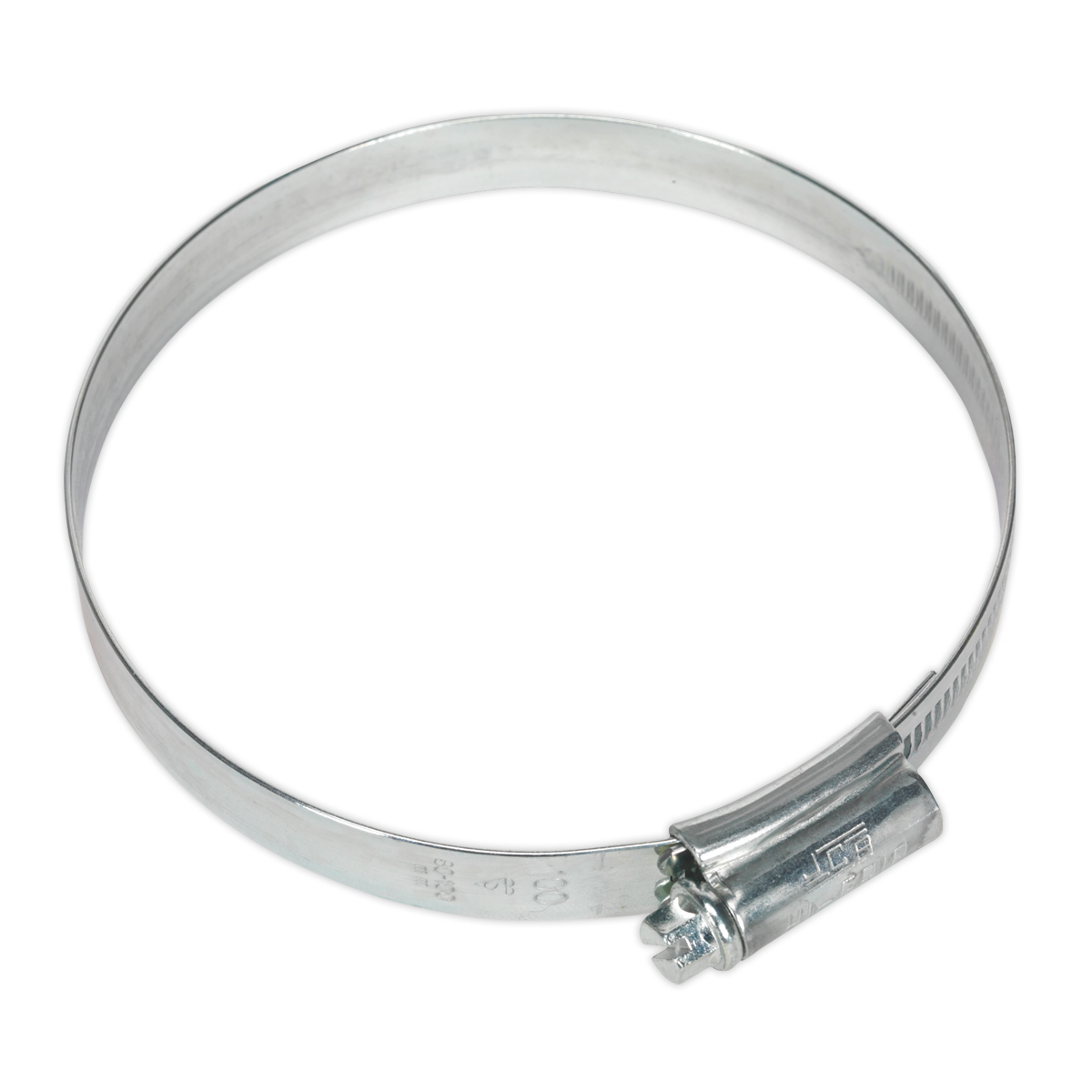A close-up of a metallic Sealey HI-GRIP® Hose Clip Zinc Plated Ø80-100mm with a worm drive screw mechanism from the HCJ4X pack of 10. The clamp is in an open, circular position against a plain white background.