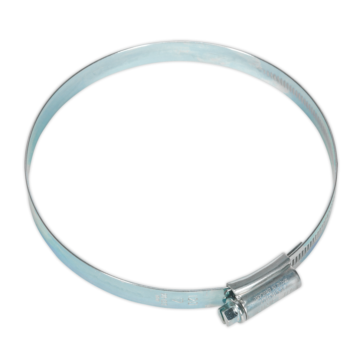 Introducing the Sealey HI-GRIP® Hose Clip Zinc Plated Ø90-120mm Pack of 10 - HCJ5, which features a circular band and a worm drive screw mechanism for precise tightening.