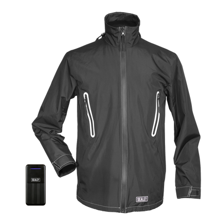 A medium-sized 5V Heated Rain Jacket in black, featuring water resistance, front zippered pockets, heating elements, and a high collar, is positioned next to a small black rectangular power bank. Both items are branded with the Sealey logo.