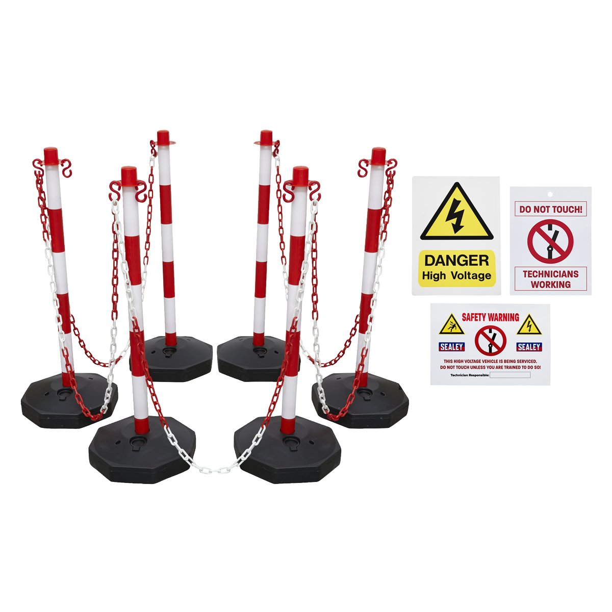 A Red/White Post & Chain Kit, ideal for areas with hybrid/electric vehicles, is composed of a set of red and white striped barrier posts with chains, complemented by high voltage warning signs stating "Danger High Voltage" and "Technicians Working." This product is available as the Exclusion Zone Kit - HP55K1COMBO from Sealey.