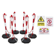 A Red/White Post & Chain Kit, ideal for areas with hybrid/electric vehicles, is composed of a set of red and white striped barrier posts with chains, complemented by high voltage warning signs stating "Danger High Voltage" and "Technicians Working." This product is available as the Exclusion Zone Kit - HP55K1COMBO from Sealey.