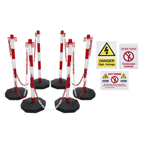A Red/White Post & Chain Kit, ideal for areas with hybrid/electric vehicles, is composed of a set of red and white striped barrier posts with chains, complemented by high voltage warning signs stating "Danger High Voltage" and "Technicians Working." This product is available as the Exclusion Zone Kit - HP55K1COMBO from Sealey.