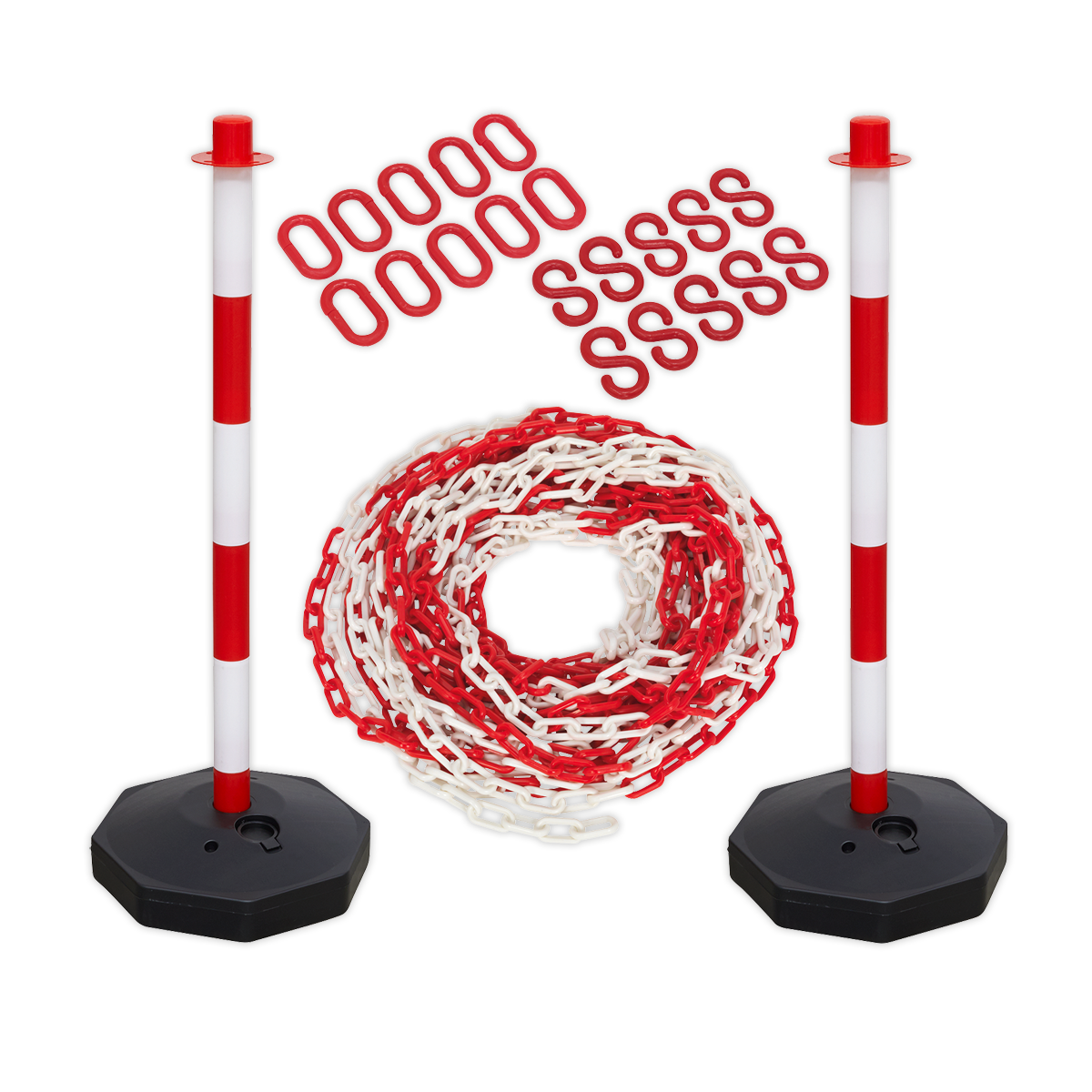 Two red and white striped stanchions from the Sealey Exclusion Zone Extension Kit - HP55KECOMBO, connected by a safety chain with plastic chain connectors, are arranged against a plain background.