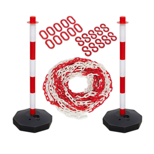 Two red and white striped stanchions from the Sealey Exclusion Zone Extension Kit - HP55KECOMBO, connected by a safety chain with plastic chain connectors, are arranged against a plain background.