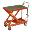 Introducing the Sealey Hydraulic Platform Truck 500kg - HPT500, a robust construction hydraulic lift table in red with a black platform, swivel wheels for easy movement, and a handle for manual maneuvering.