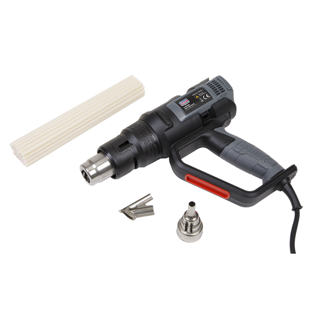 The Sealey Plastic Welding Kit, featuring the HS102 Hot Air Gun in black with a power cord, includes packs of glue sticks and plastic welding nozzles, making it perfect for any hot air gun kit.
