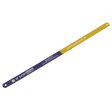 The Hacksaw Blade 300mm HSS Bi-Metal 24tpi Pack of 2 - HSB0224, labeled "Sealey," features a flexible bi-metal high-speed steel (HSS) construction and a 24 teeth per inch configuration. This superior performance tool boasts blue and yellow sections and a hole at one end, designed to cut through a wide range of materials effortlessly.