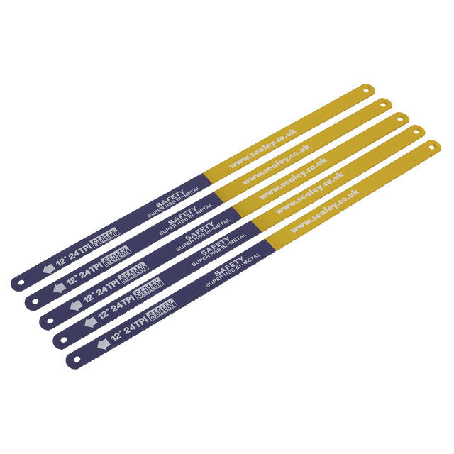 Five Sealey Hacksaw Blades, 300mm HSS Bi-Metal 24tpi Pack of 5 (HSB0524), designed for superior performance across a wide range of materials.