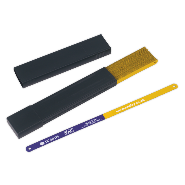Image of a yellow, 300mm Sealey Hacksaw Blade from the HSB5024 pack of 50, partially inserted into a black plastic case with the lid placed nearby. The blade, boasting a flexible bi-metal HSS construction with 24 teeth per inch (tpi), has safety instructions and a website link printed on it.