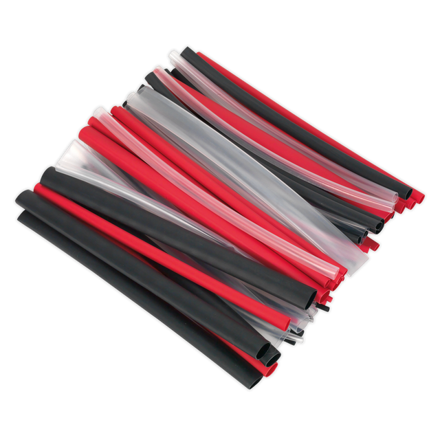 The Sealey Heat Shrink Tubing Assortment, Model HSTAL72MC, includes 72 pieces of adhesive-lined, RoHS compliant tubing in black, red, and clear colors. These waterproof tubes have a practical shrink ratio of 3:1 and are neatly arranged in an overlapping pile. Each piece measures 200mm.