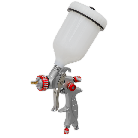 The Sealey HVLP Gravity Feed Spray Gun - 1.3mm Set-Up (Model HVLP01) features a white paint container, red adjustment knobs, and a metallic nozzle, making it ideal for precise application of base coats.