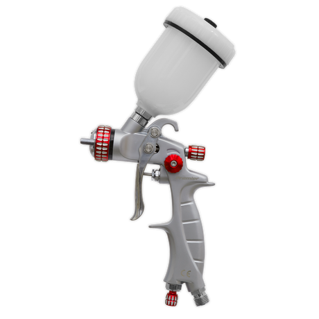 The Sealey HVLP Gravity Feed Touch-Up Spray Gun - 1mm Set-Up (HVLP04) comes in silver with a white paint reservoir, red adjustment knobs, and HVLP technology. It features a stainless steel needle and nozzle.