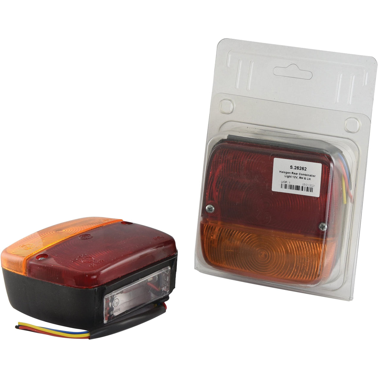 The image depicts two Halogen Rear Combination Lights 12V, RH & LH by Sparex (model S.26262) with red and amber lenses. One light is encased in clear plastic packaging, while the other is exposed, displaying its connected wires on the side. These IP65-rated lights are crafted for durability and reliability, making them ideal for any weather condition.