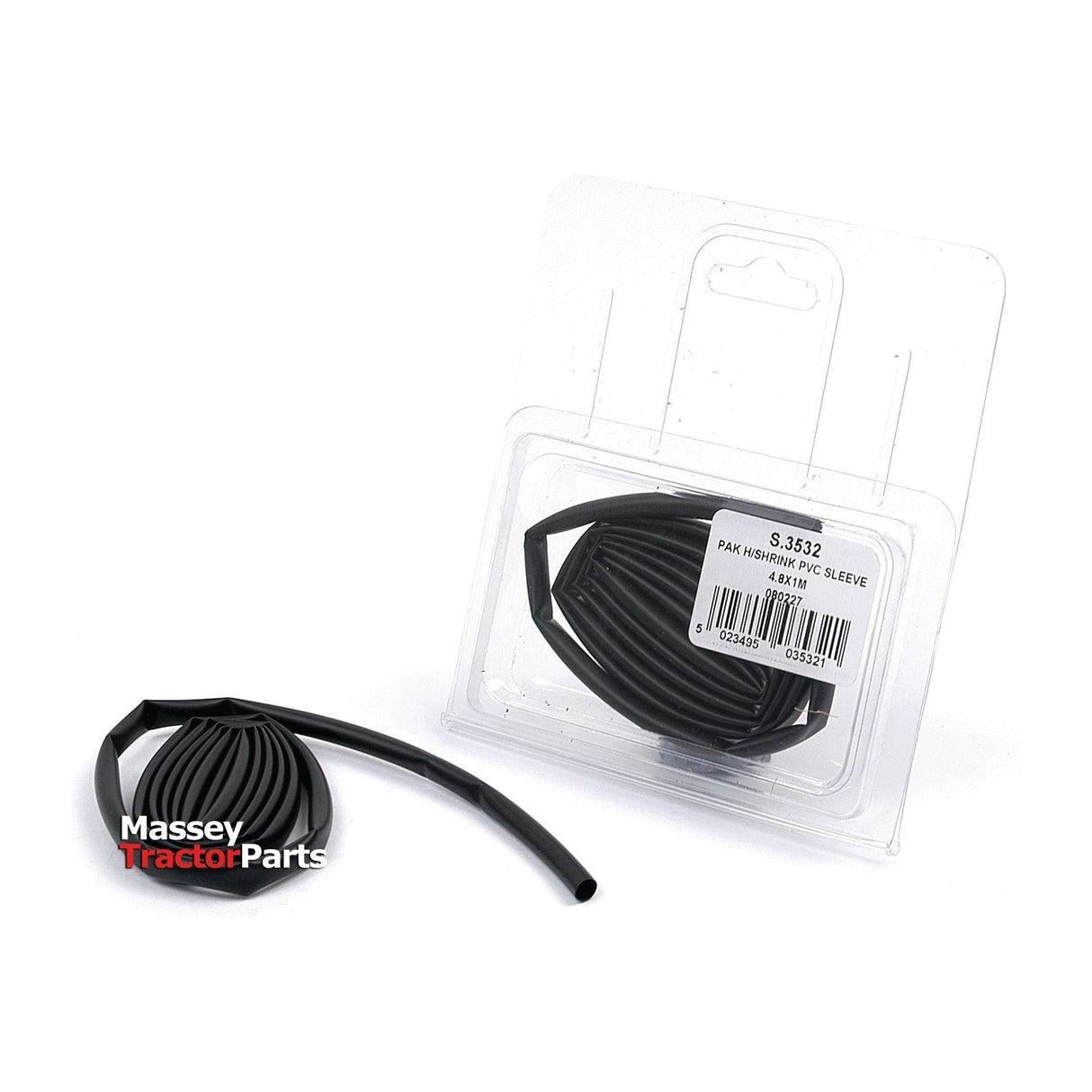 A coiled black plastic sleeve labeled "Sparex Heat Shrink Sleeving - Ø4.8-2.4mm x 1M (1 pc. Agripak)", displayed inside and outside its clear packaging, ensuring a secure fit for your repairs.
