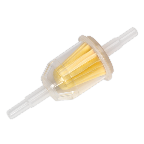 The Sealey In-Line Fuel Filter Medium Pack of 10 - ILFM10 features a transparent body with a yellow pleated paper element, and Ø8mm white plastic connectors on both ends.