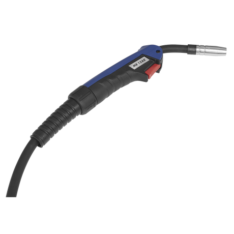 Image of the Sealey MIG/MMA Welder Inverter 180A - IMIG180 handheld welding torch, featuring a black and blue handle, a red trigger, and a metal nozzle at the end. The welding torch, ideal for MIG welds, is attached to a black, ribbed hose.