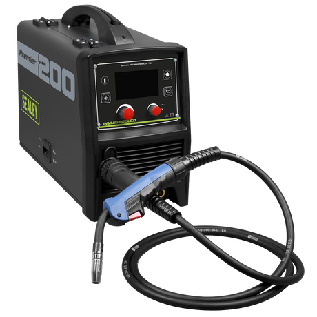 A Sealey Inverter Welder MIG, TIG & MMA 200A with LCD Screen (model INVMIG200LCD) with attached cables and a welding torch. The device, incorporating advanced inverter technology, features a digital display and control buttons on its front panel.