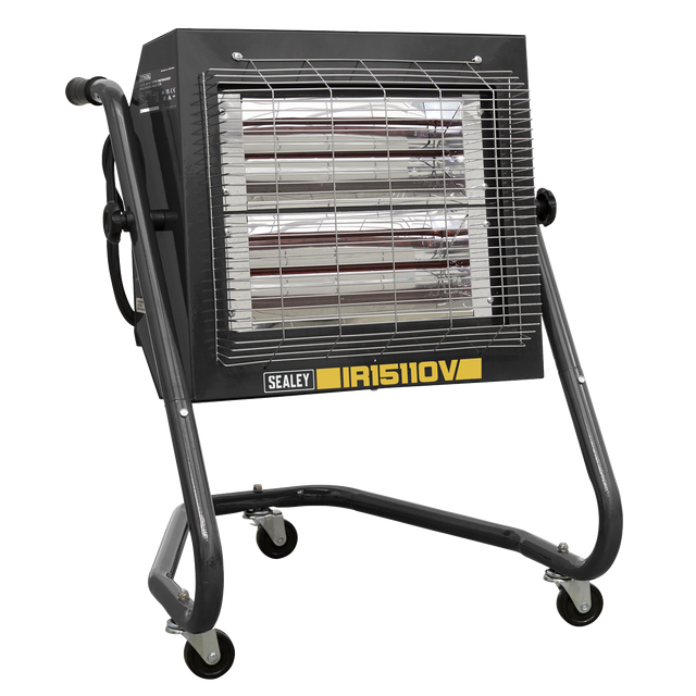 Introducing the Infrared Heater 1.2/2.4kW 110V - IR15110V by Sealey, a portable device on a wheeled stand that features two infrared elements, an adjustable thermostat control, and a protective metal grille.