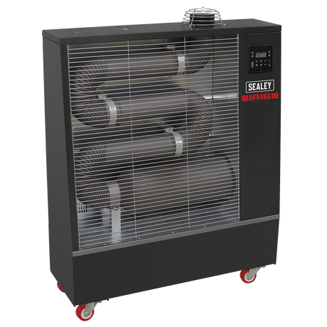 The Sealey Industrial Infrared Diesel Heater 16kW - IR16 features a black exterior and is displayed on red caster wheels. Utilizing clean burn infrared technology, this unit provides efficient heating. It has a vented front that reveals visible internal components, and a control panel on the upper right side labeled "Sealey IR16".
