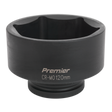 A black cylindrical tool labeled "Impact Socket 120mm 1" Sq Drive - IS1120," featuring internal grooves and a wide circular opening, ideal for use with air impact wrenches. This WallDrive impact socket is part of the reliable Sealey Premier Hand Tools collection.