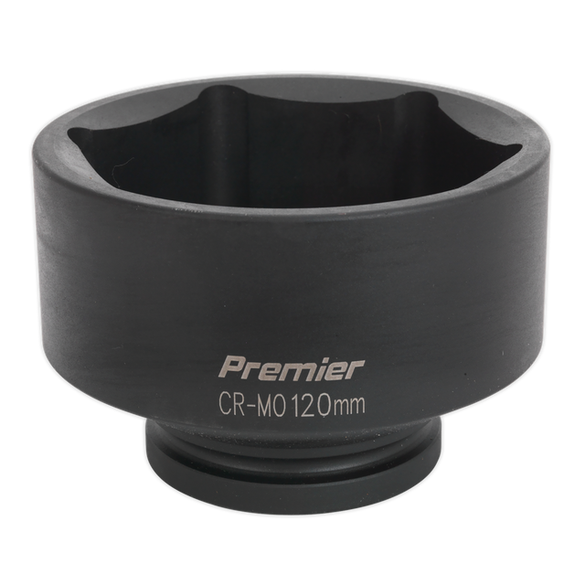 A black cylindrical tool labeled "Impact Socket 120mm 1" Sq Drive - IS1120," featuring internal grooves and a wide circular opening, ideal for use with air impact wrenches. This WallDrive impact socket is part of the reliable Sealey Premier Hand Tools collection.