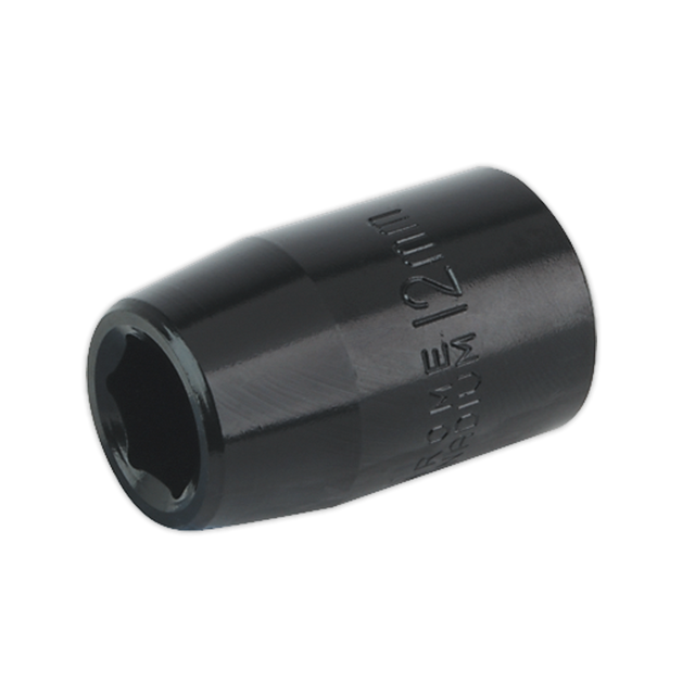 The Sealey IS1212 Impact Socket, a robust 12mm hexagonal socket made from durable Chrome Vanadium, is typically used with a ratchet or wrench to tighten or loosen nuts and bolts. Ideal for use with Premier Hand Tools.