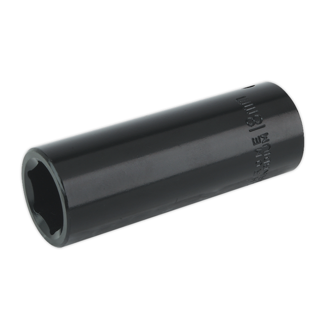 The Sealey Impact Socket 18mm Deep 1/2"Sq Drive - IS1218D is a black, cylindrical socket with a hexagonal opening on one end. The side of this essential hand tool is marked with size specifications, making it perfect for use with air impact wrenches.
