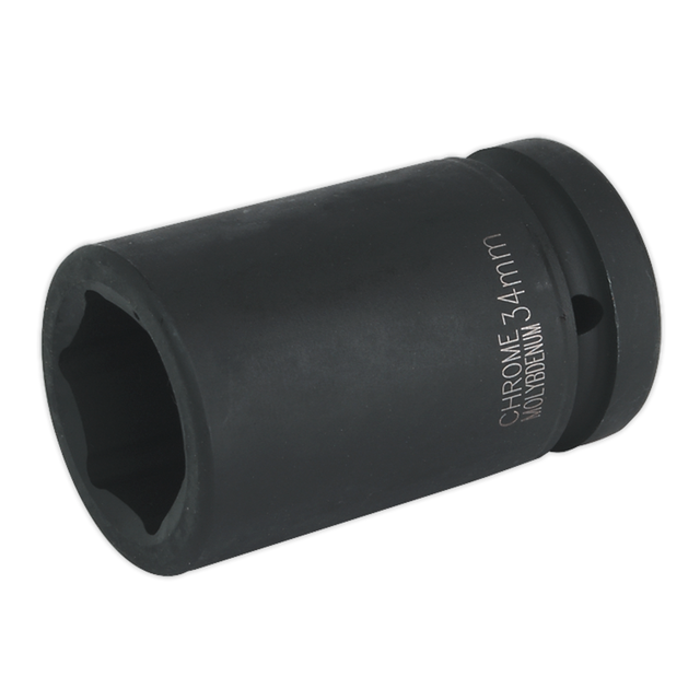 The Sealey Impact Socket 34mm Deep 1" Square Drive - IS134D is a black chrome molybdenum socket featuring a six-point opening, optimized for air impact wrenches as part of the Premier Hand Tools collection.