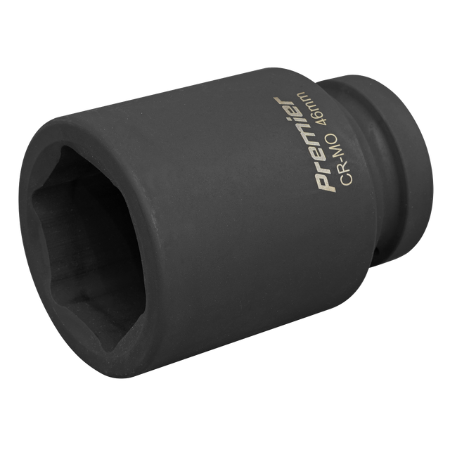 A black Sealey Impact Socket 46mm Deep 1"Sq Drive - IS146D, ideal for hand tools or air impact wrenches, with "Premier CR-MO 46mm" printed on the side.