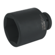 The Sealey Impact Socket 65mm Deep 1"Sq Drive - IS165D is a black chrome socket designed for nuts and bolts, featuring a hexagonal opening and an inscription indicating its size. Ideal for use with air impact wrenches or other hand tools, it ensures a precise fit for efficient work.