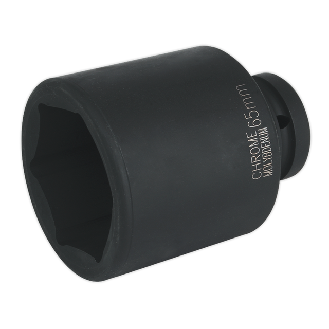 The Sealey Impact Socket 65mm Deep 1"Sq Drive - IS165D is a black chrome socket designed for nuts and bolts, featuring a hexagonal opening and an inscription indicating its size. Ideal for use with air impact wrenches or other hand tools, it ensures a precise fit for efficient work.