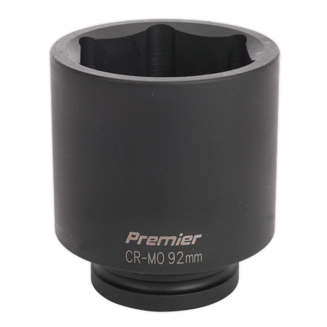 Close-up of a black Sealey Impact Socket 92mm Deep 1"Sq Drive - IS192D with "Premier CR-MO 92mm" inscribed on the side, perfect for professional hand tools and air impact wrenches.