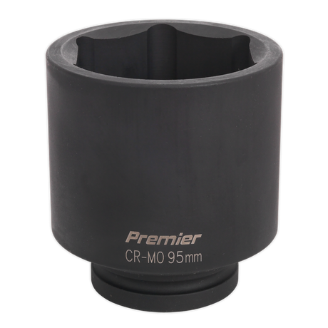 A black, cylindrical impact socket labeled "Sealey Impact Socket 95mm Deep 1"Sq Drive - IS195D," used for mechanical and automotive applications, compatible with air impact wrenches.