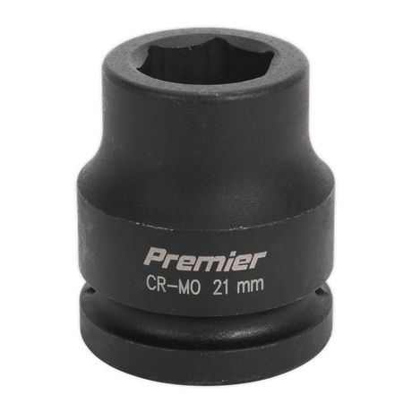 A black 21mm CR-MO impact socket, branded as Sealey's "Impact Socket 21mm 3/4"Sq Drive - IS3421," is perfect for use with air impact wrenches.