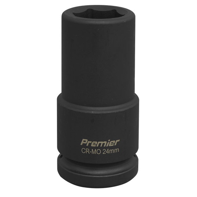 A black 24mm impact socket with "Sealey IS3424D" in silver text on its body, perfect for use with air impact wrenches.