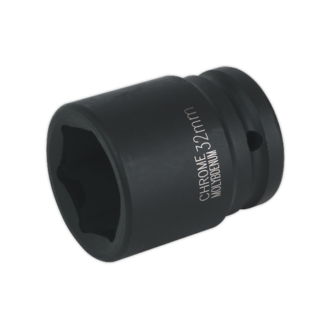 The Sealey Impact Socket 32mm 3/4"Sq Drive (IS3432) is a black, cylindrical chrome socket with "CHROME 32mm NICKEL-CHROMIUM" engraved on its side, designed for use with air impact wrenches. This premier hand tool delivers exceptional durability and precision.
