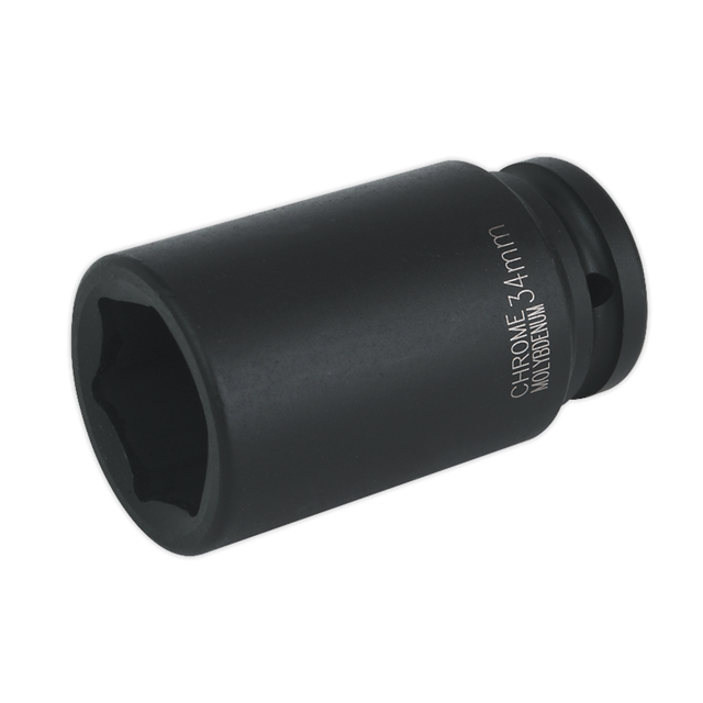 The Impact Socket 34mm Deep 3/4"Sq Drive - IS3434D by Sealey is a black cromoly impact socket with a six-point design, ideal for mechanical work and perfect for use with air impact wrenches. Premier Hand Tools quality ensures durability and reliability.