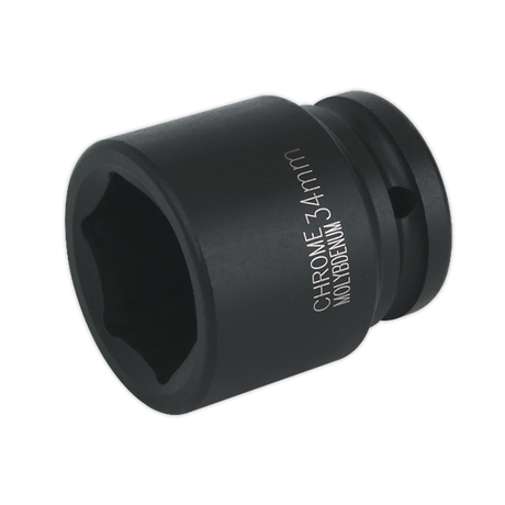 The Sealey Impact Socket 34mm 3/4"Sq Drive - IS3434 is a black chrome molybdenum WallDrive tool featuring engraved text for size and material, making it ideal for use with air impact wrenches.