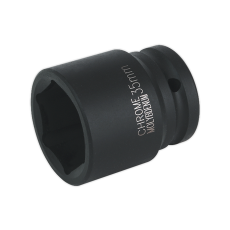 The Sealey Impact Socket 35mm 3/4"Sq Drive - IS3435 is a premium black chrome molybdenum socket featuring a hexagonal opening and a side hole for easy attachment, perfect for use with air impact wrenches.